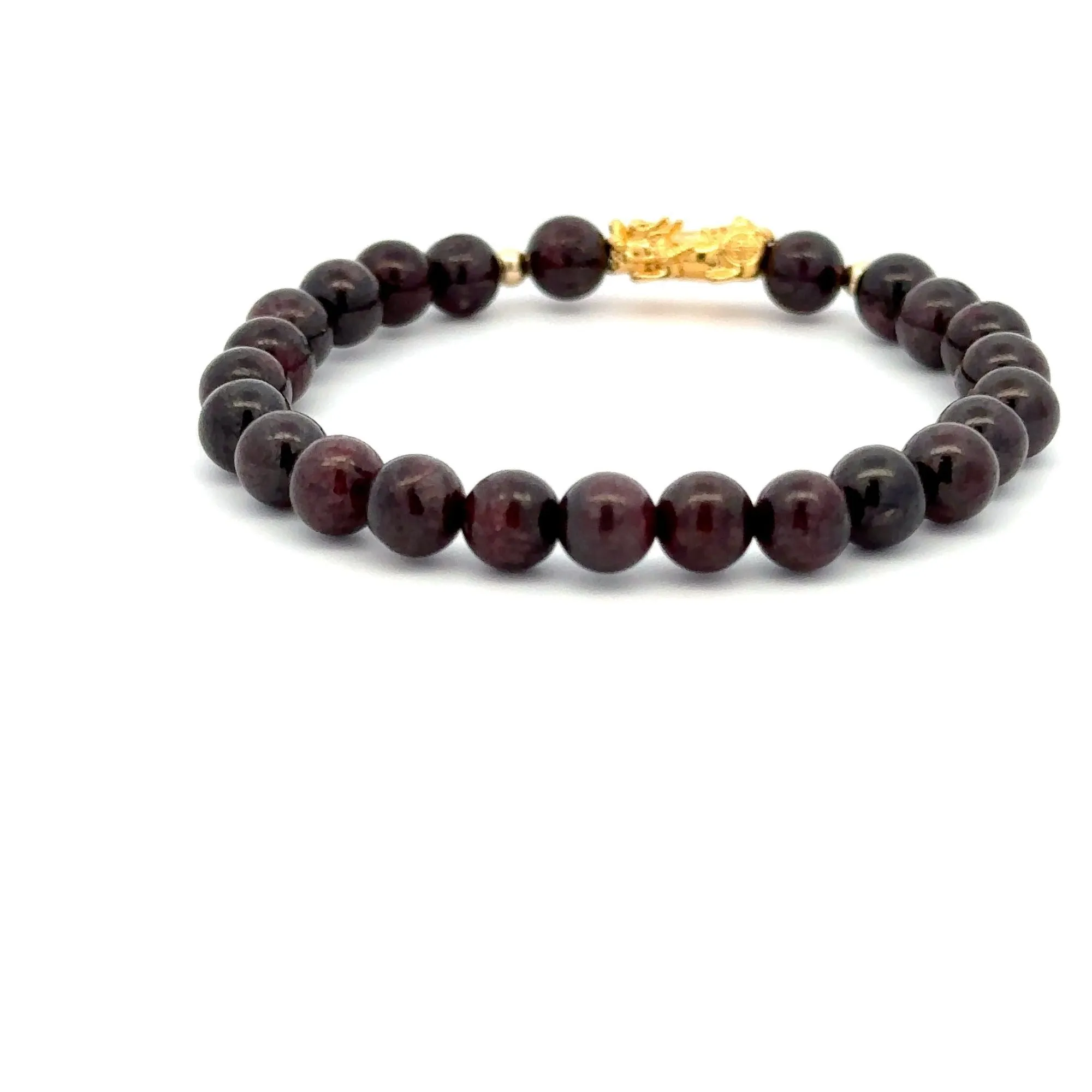 18K Gold Dragon Pixiu Piyao Lucky Charm Beads Bracelet Gemstones Garnet 6mm