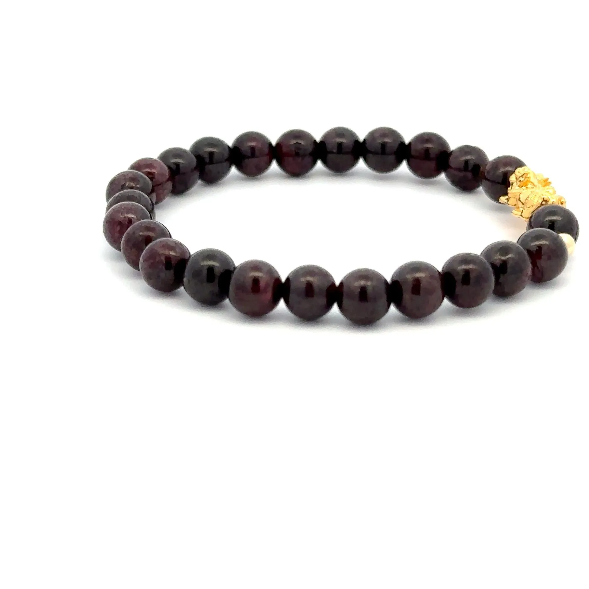 18K Gold Dragon Pixiu Piyao Lucky Charm Beads Bracelet Gemstones Garnet 6mm
