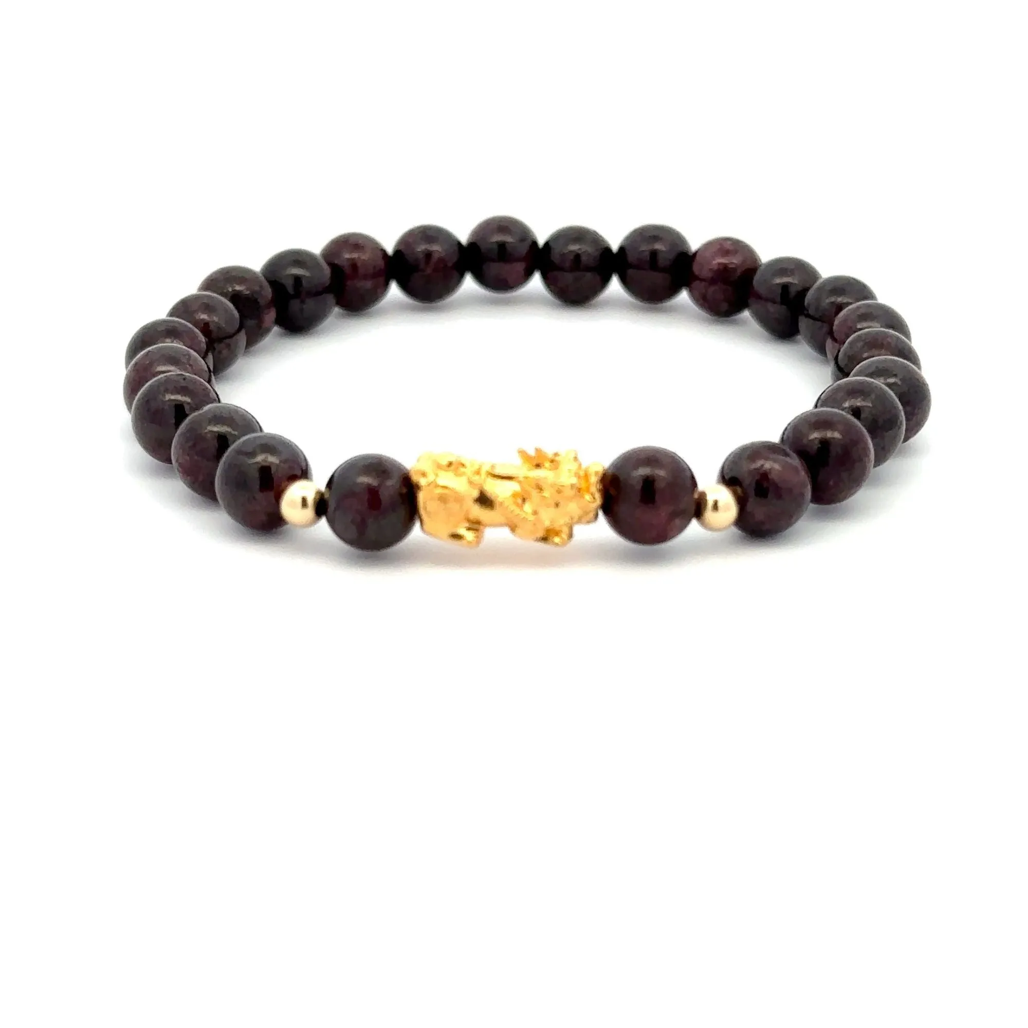 18K Gold Dragon Pixiu Piyao Lucky Charm Beads Bracelet Gemstones Garnet 6mm