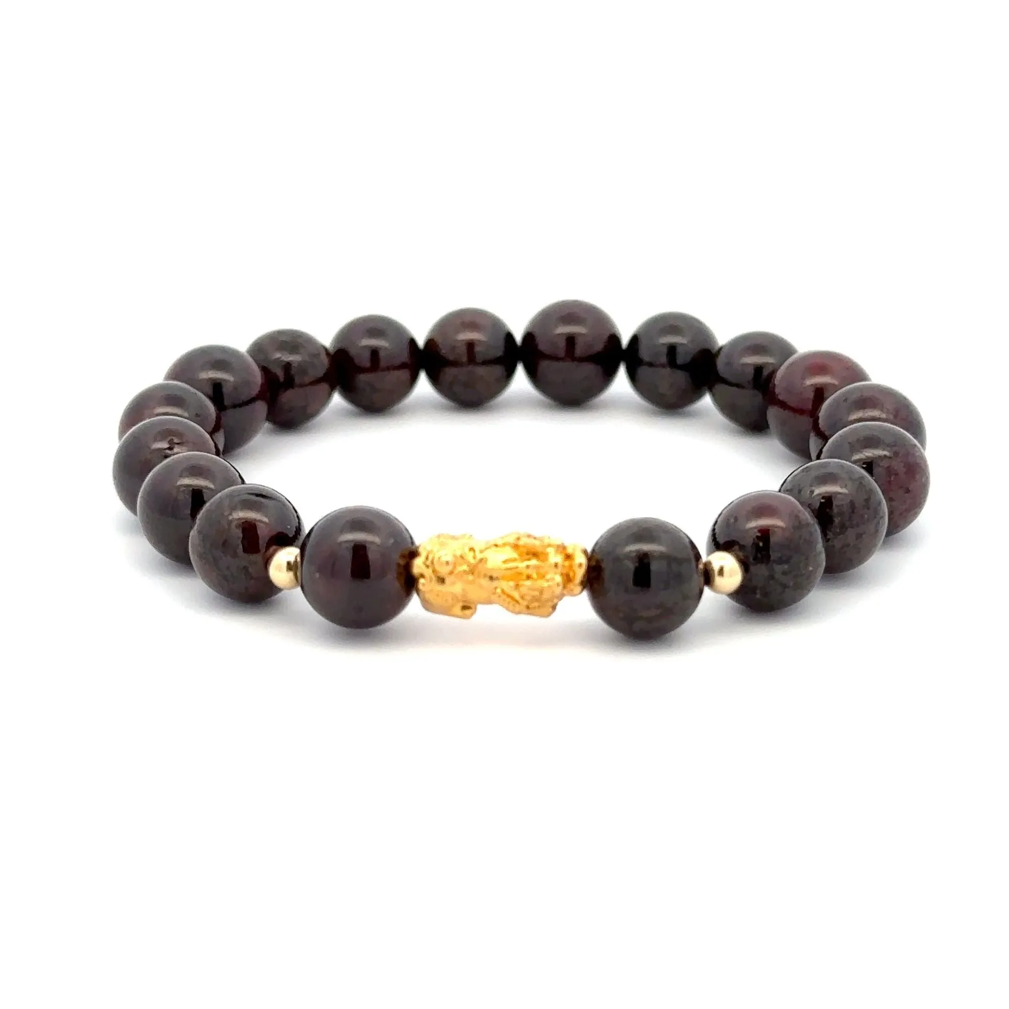 18K Gold Dragon Pixiu Piyao Lucky Charm Beads Bracelet Gemstones Garnet 8mm