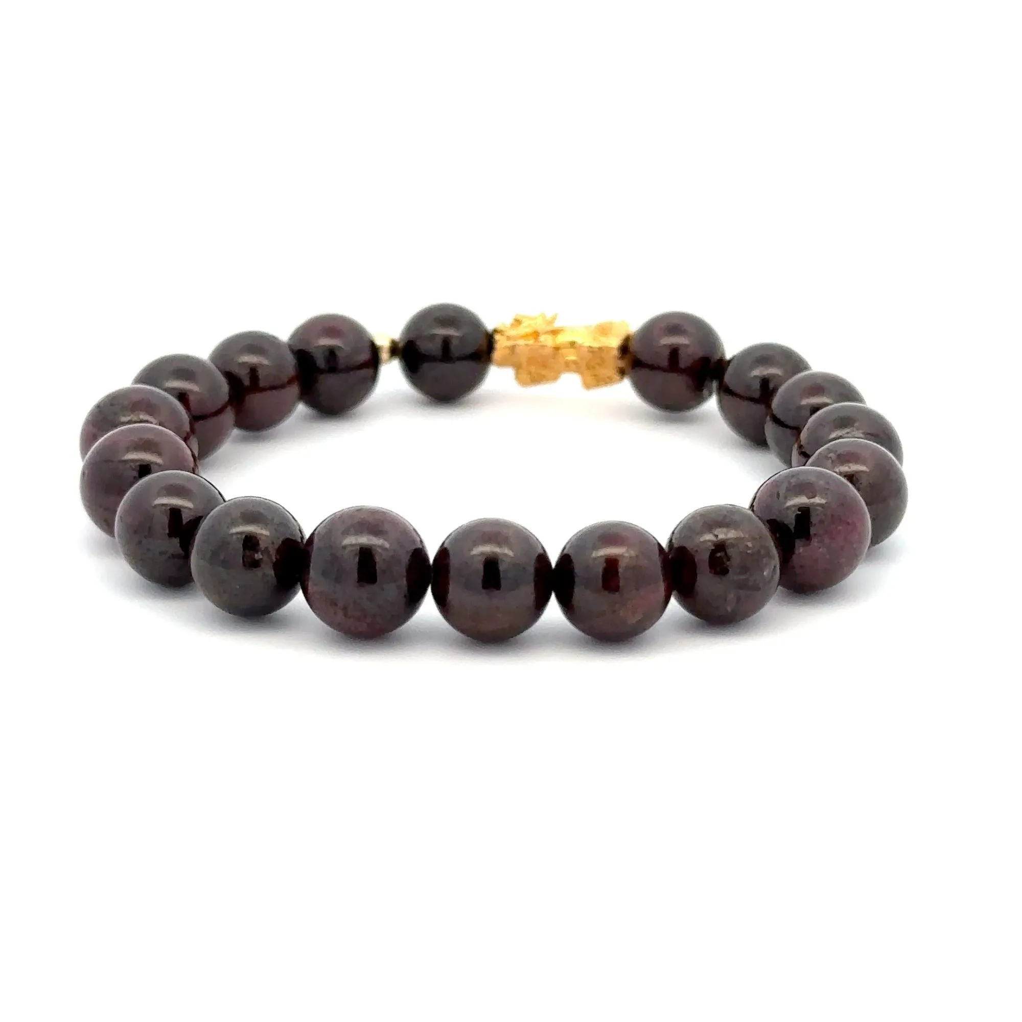 18K Gold Dragon Pixiu Piyao Lucky Charm Beads Bracelet Gemstones Garnet 8mm