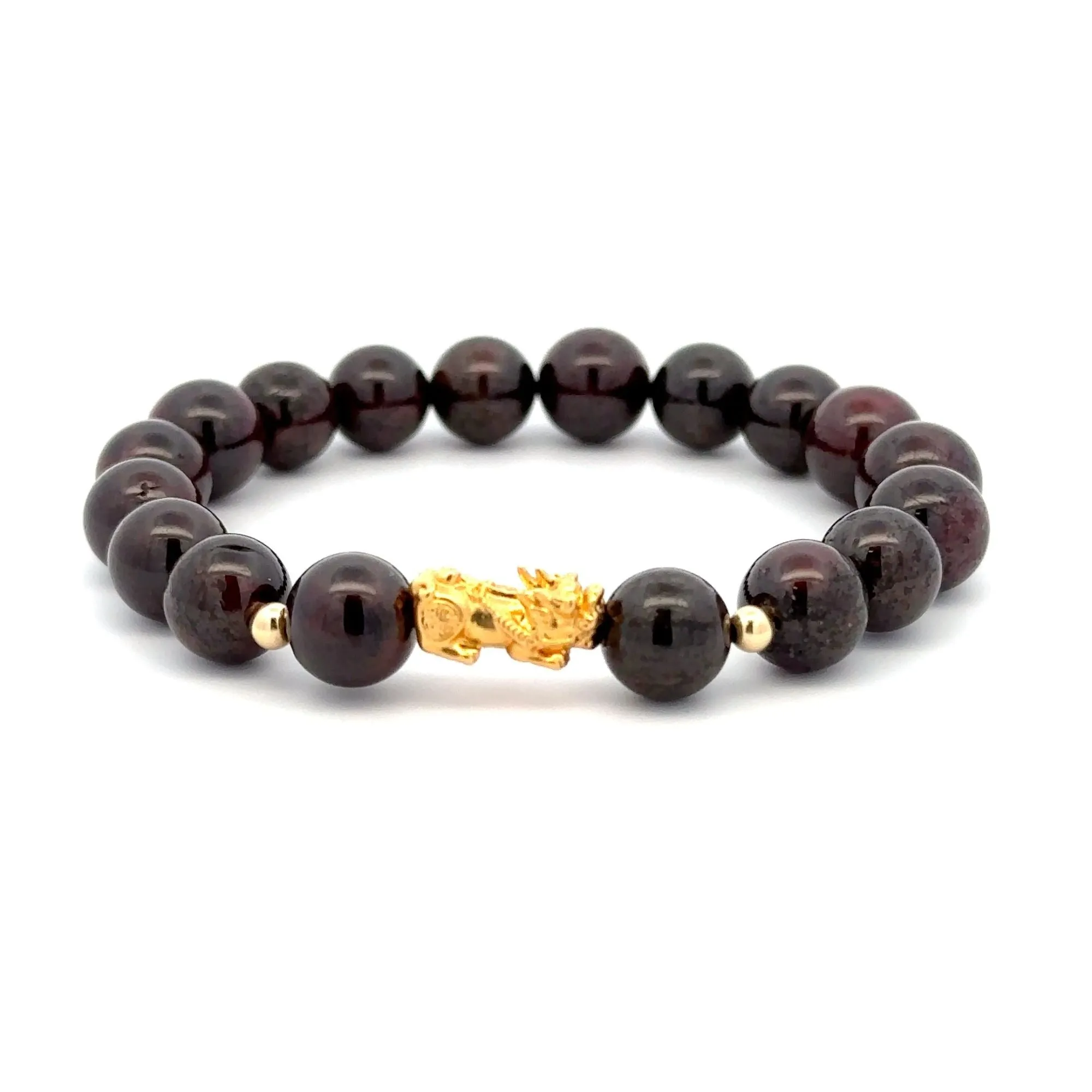 18K Gold Dragon Pixiu Piyao Lucky Charm Beads Bracelet Gemstones Garnet 8mm