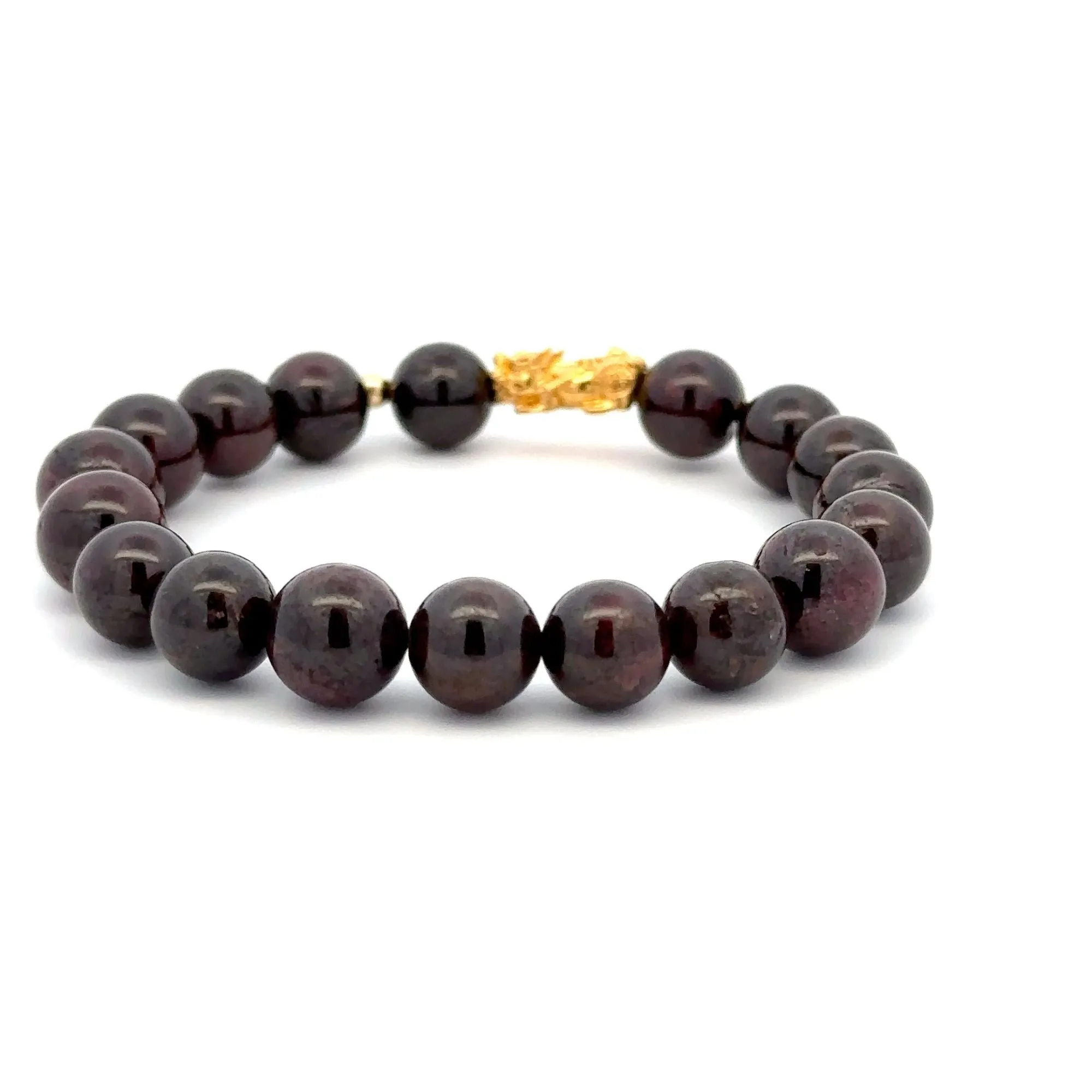 18K Gold Dragon Pixiu Piyao Lucky Charm Beads Bracelet Gemstones Garnet 8mm