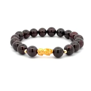 18K Gold Dragon Pixiu Piyao Lucky Charm Beads Bracelet Gemstones Garnet 8mm