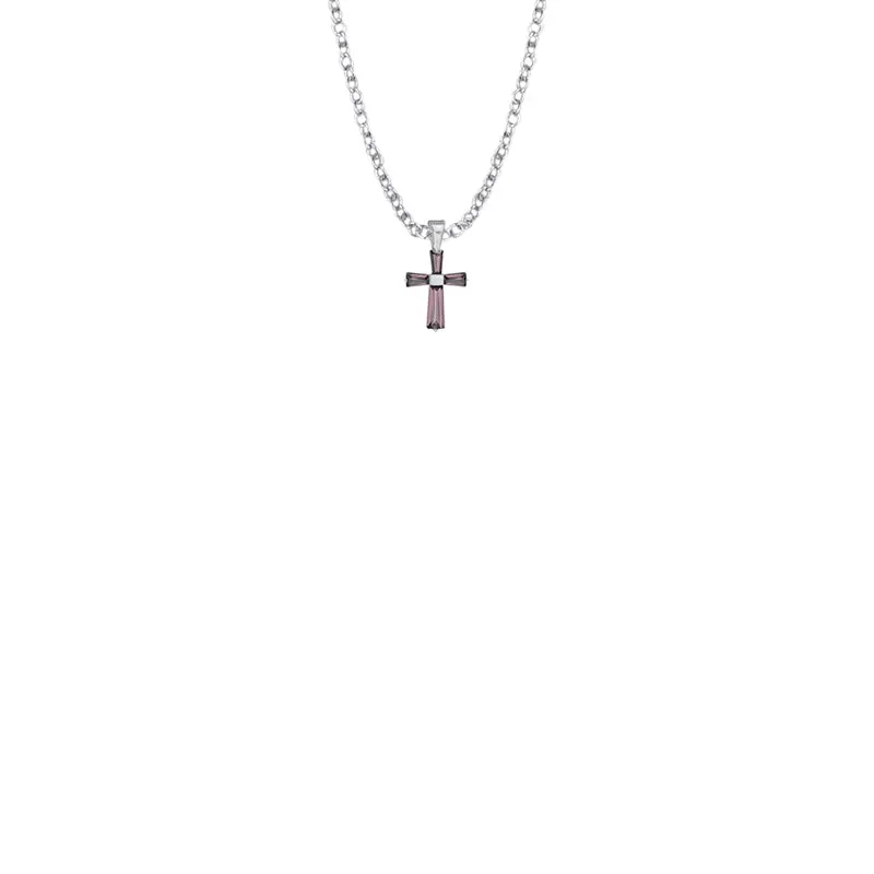 3/8 Inch Sterling Silver and Glass Crystal February Birthstone Baguette Cross Baby Necklace