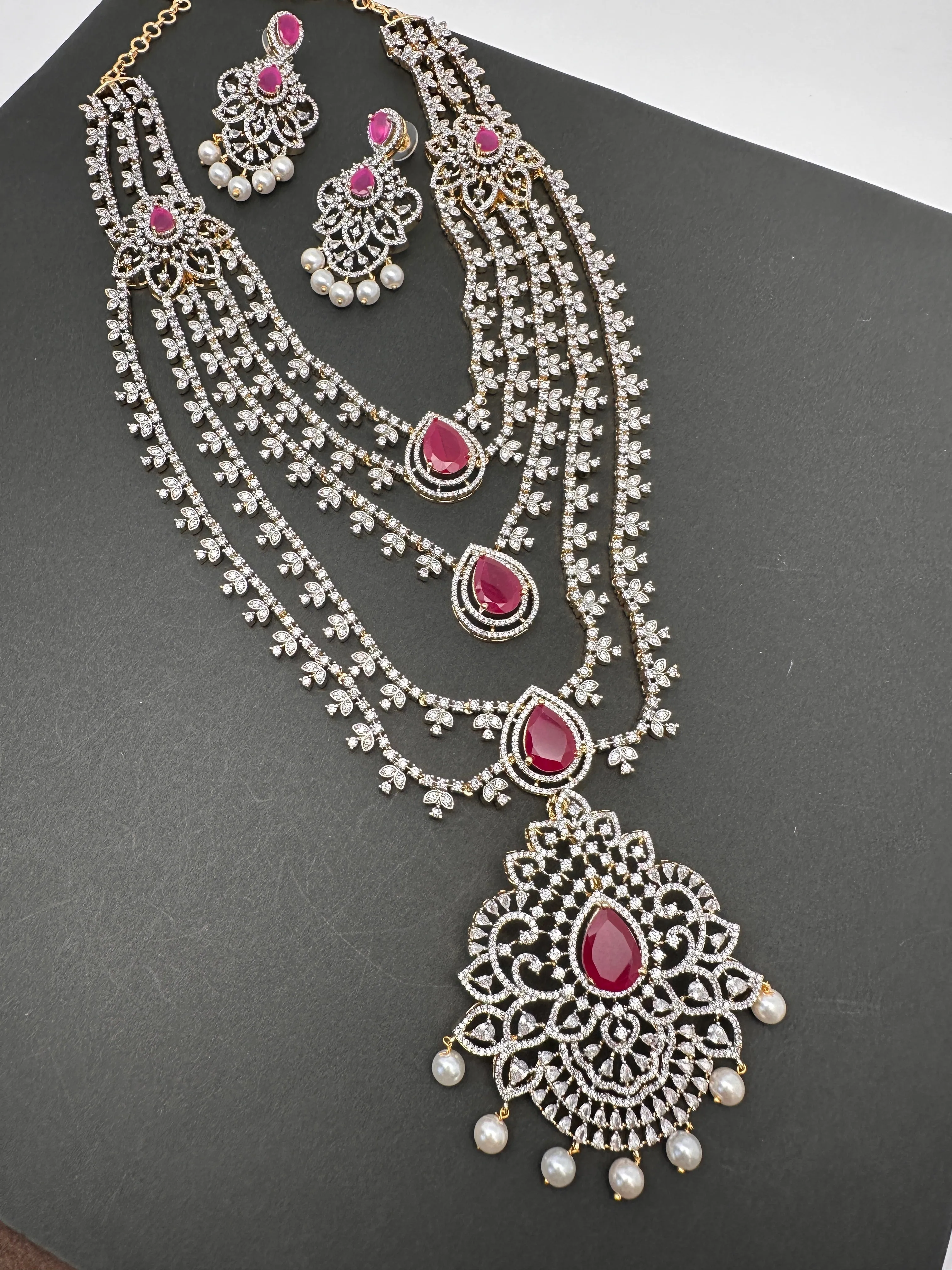 AD Multi Layer Detachable Pendent Color Stone Long Necklace