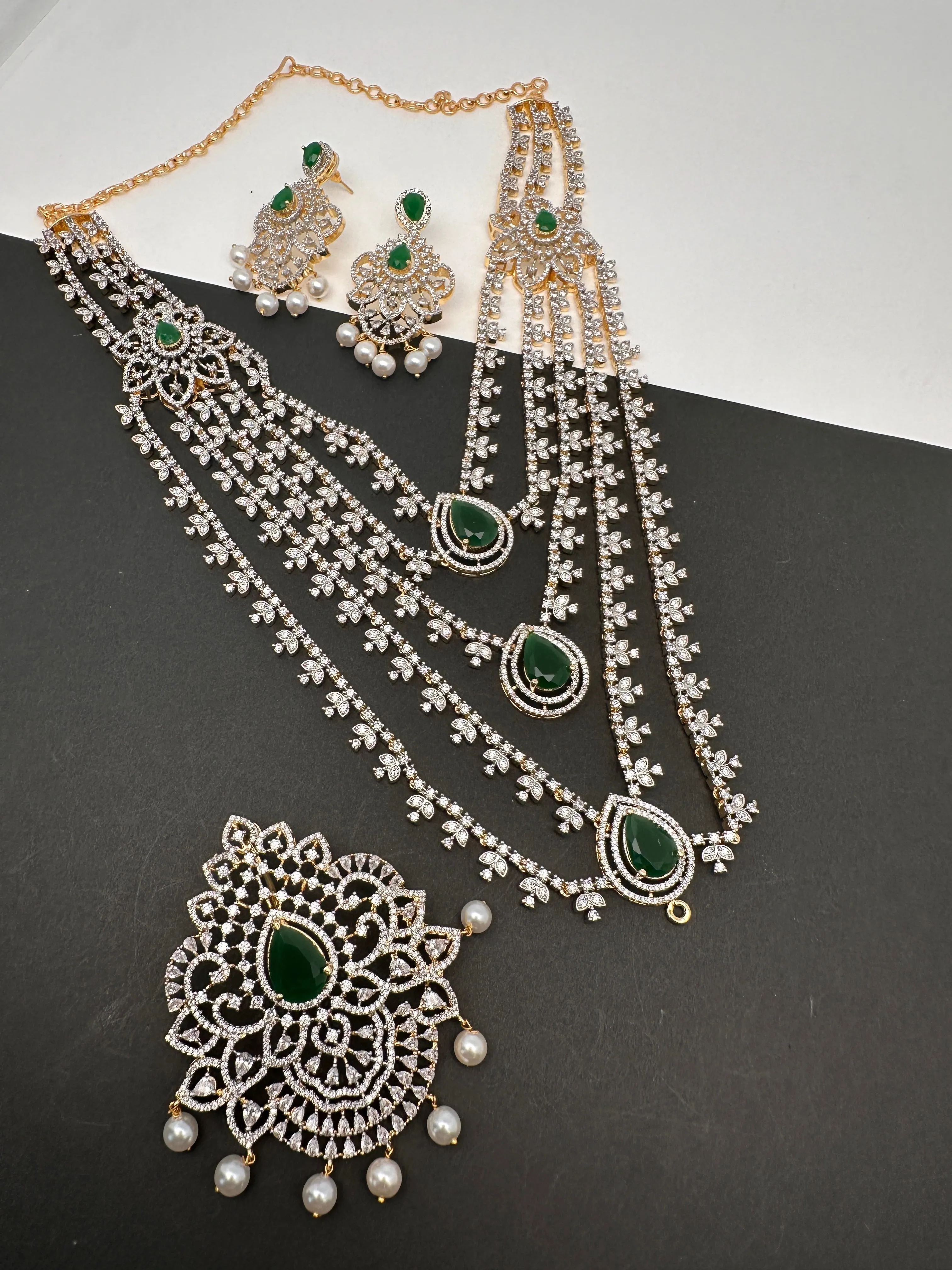 AD Multi Layer Detachable Pendent Color Stone Long Necklace