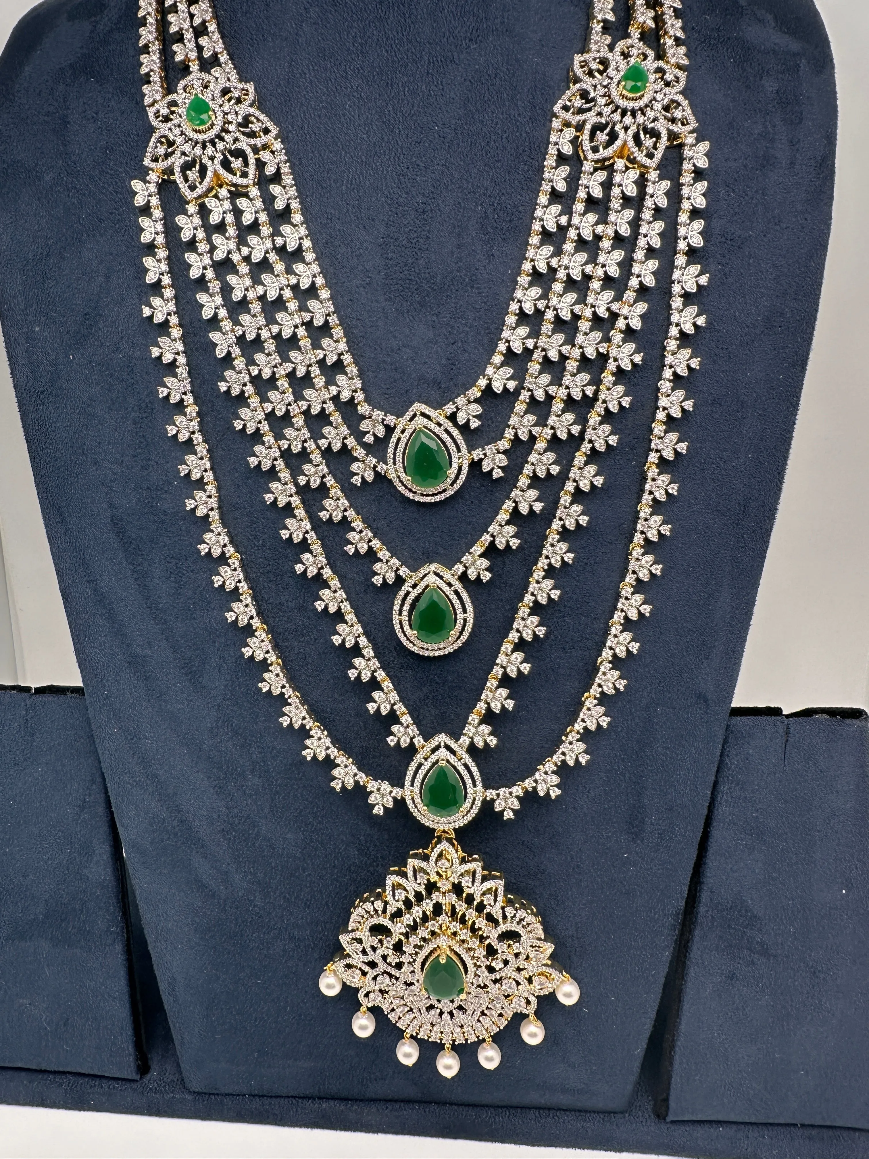 AD Multi Layer Detachable Pendent Color Stone Long Necklace