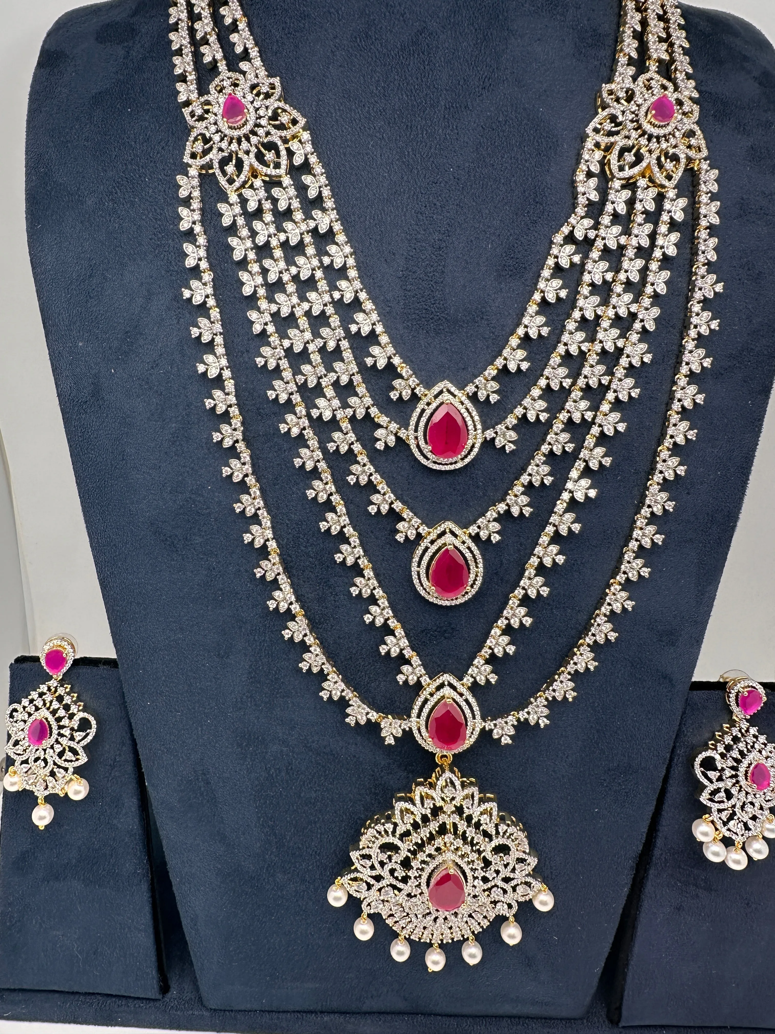 AD Multi Layer Detachable Pendent Color Stone Long Necklace