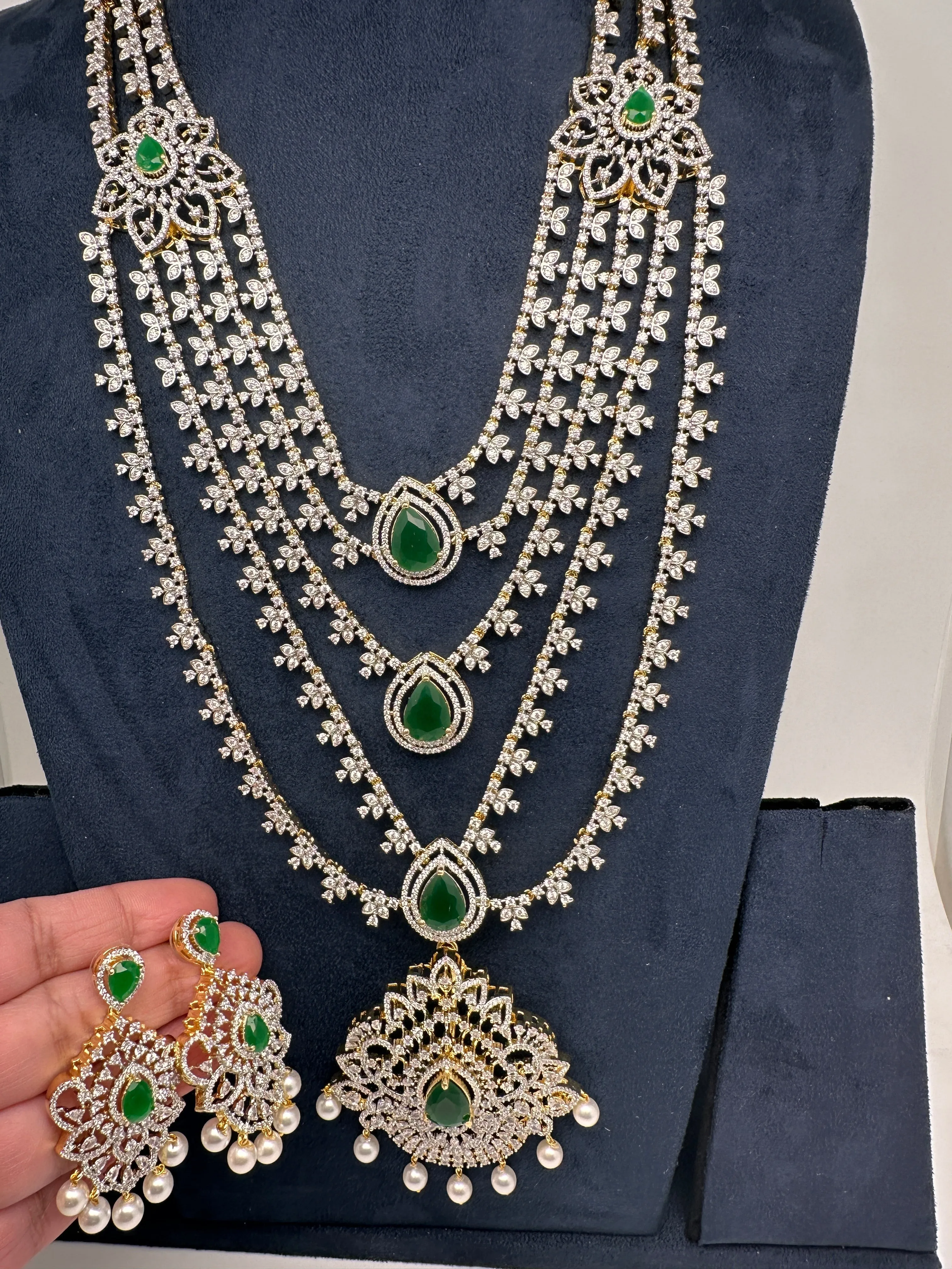 AD Multi Layer Detachable Pendent Color Stone Long Necklace