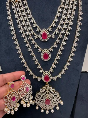 AD Multi Layer Detachable Pendent Color Stone Long Necklace