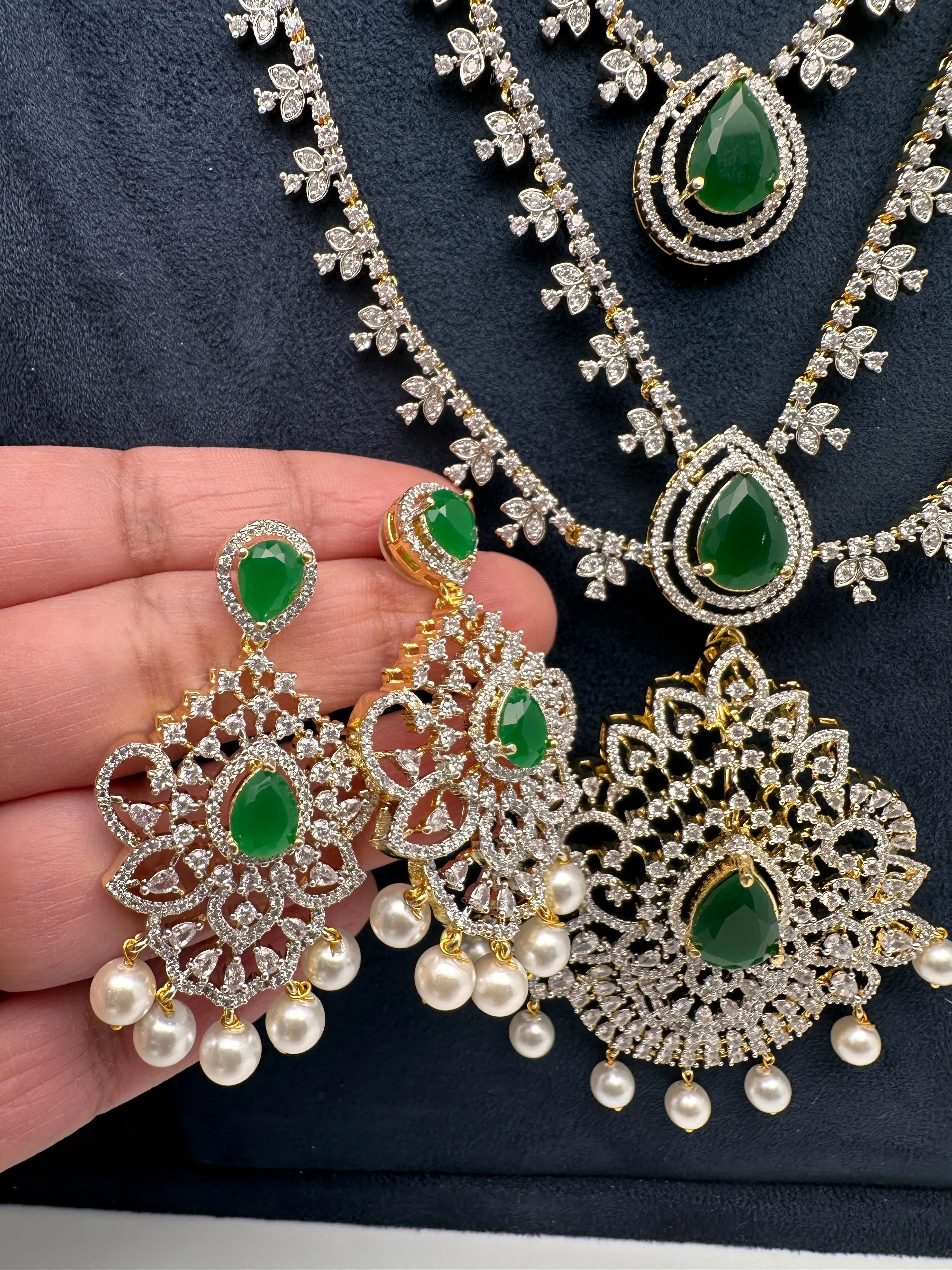 AD Multi Layer Detachable Pendent Color Stone Long Necklace