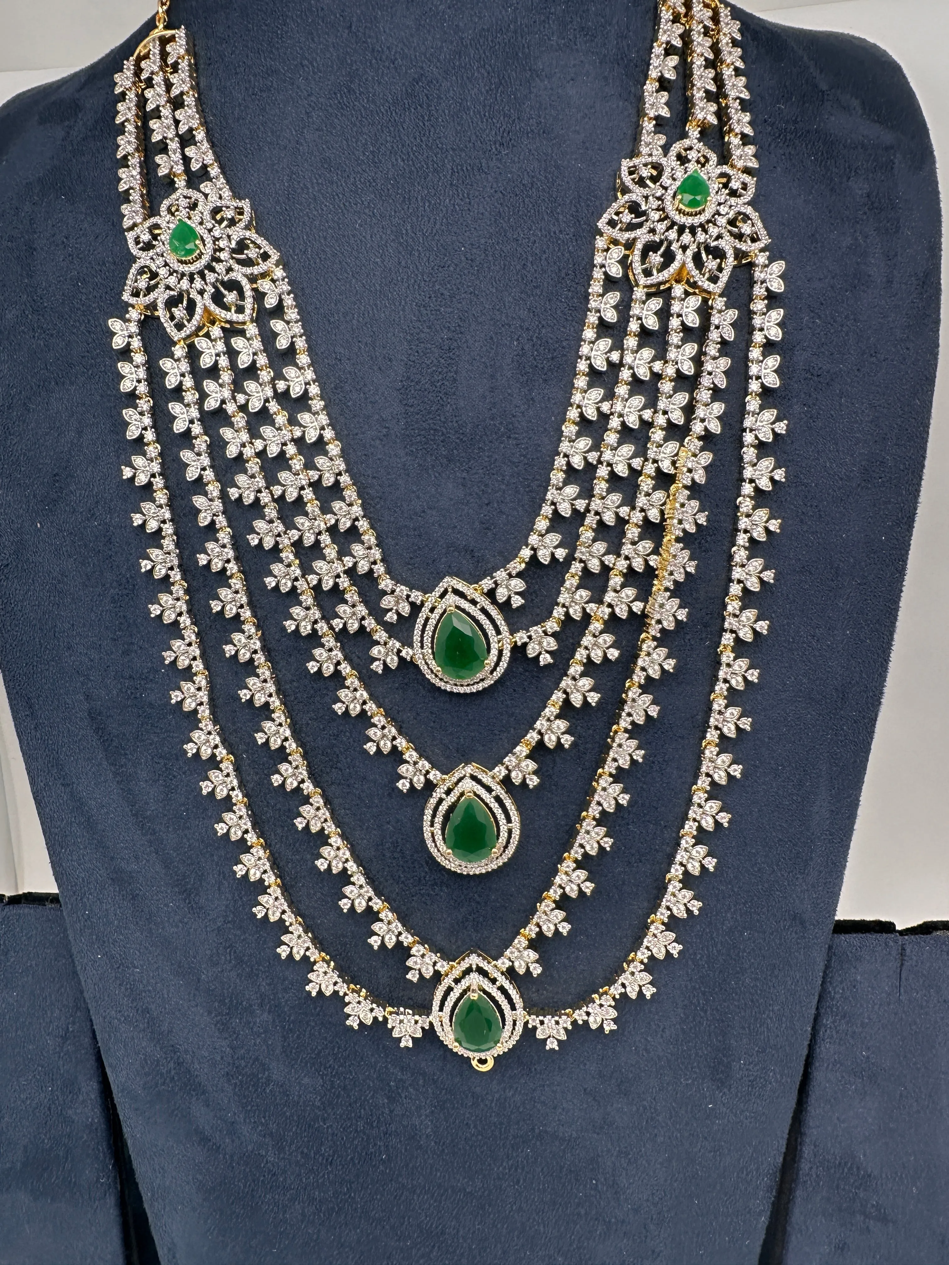AD Multi Layer Detachable Pendent Color Stone Long Necklace