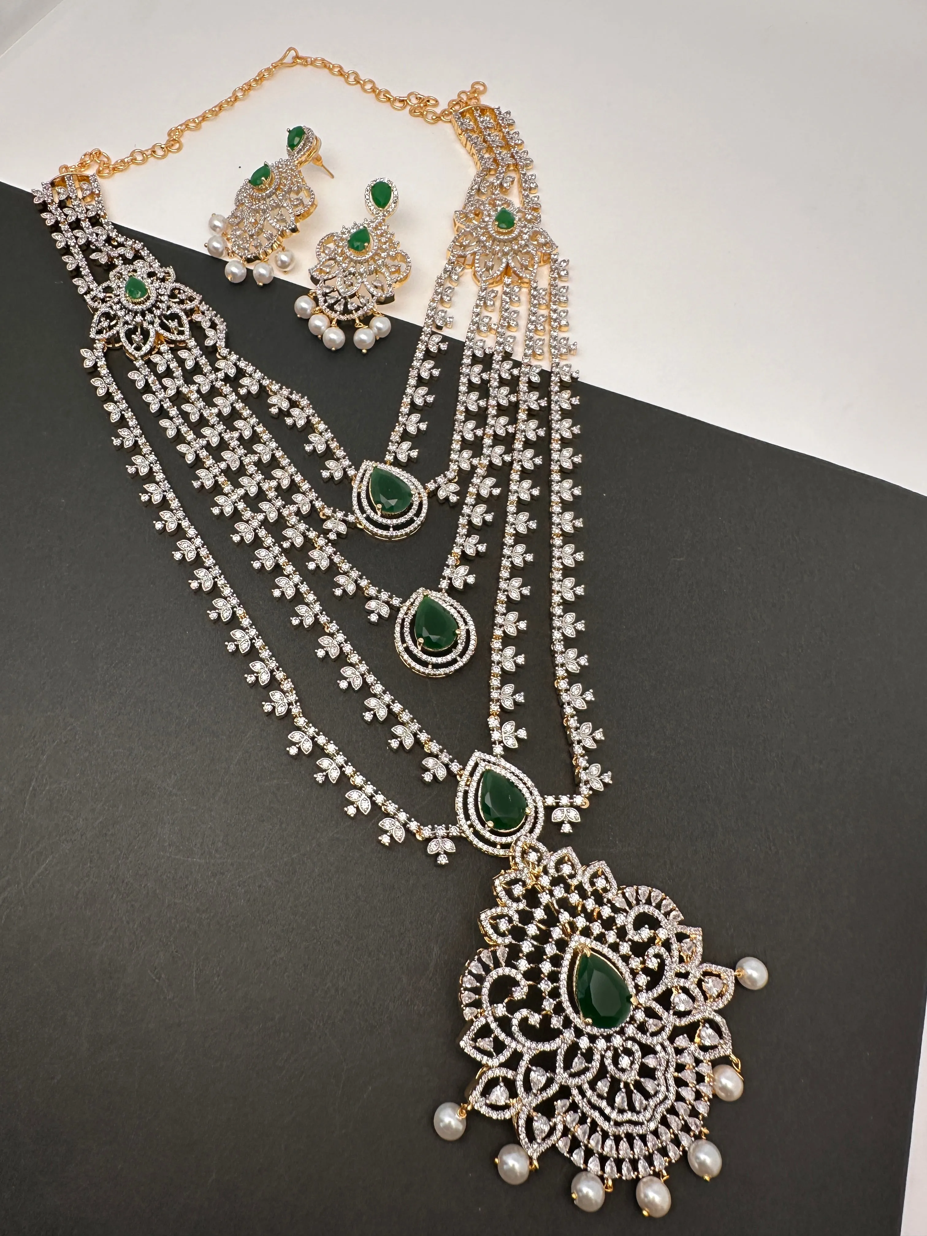 AD Multi Layer Detachable Pendent Color Stone Long Necklace