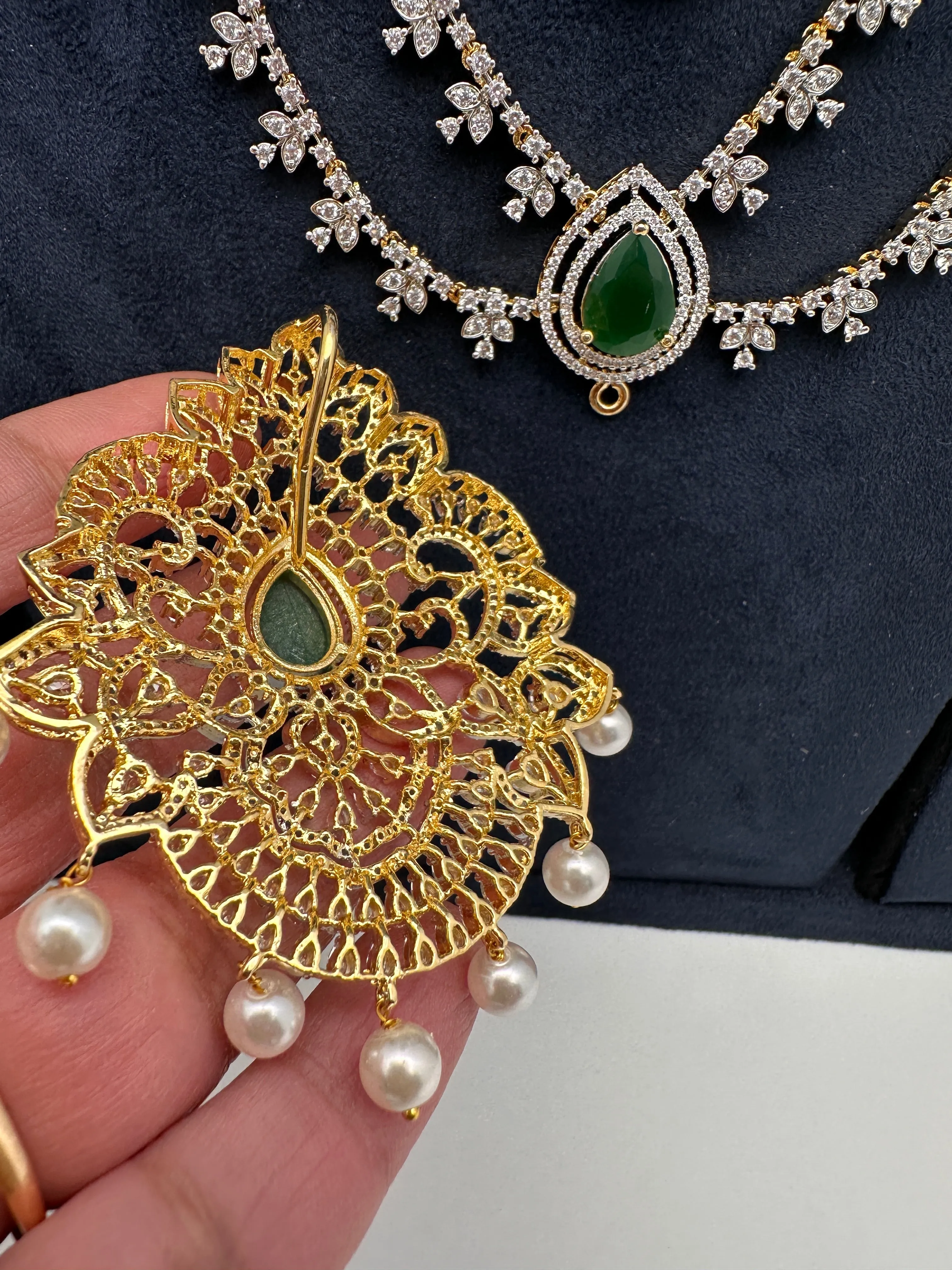 AD Multi Layer Detachable Pendent Color Stone Long Necklace