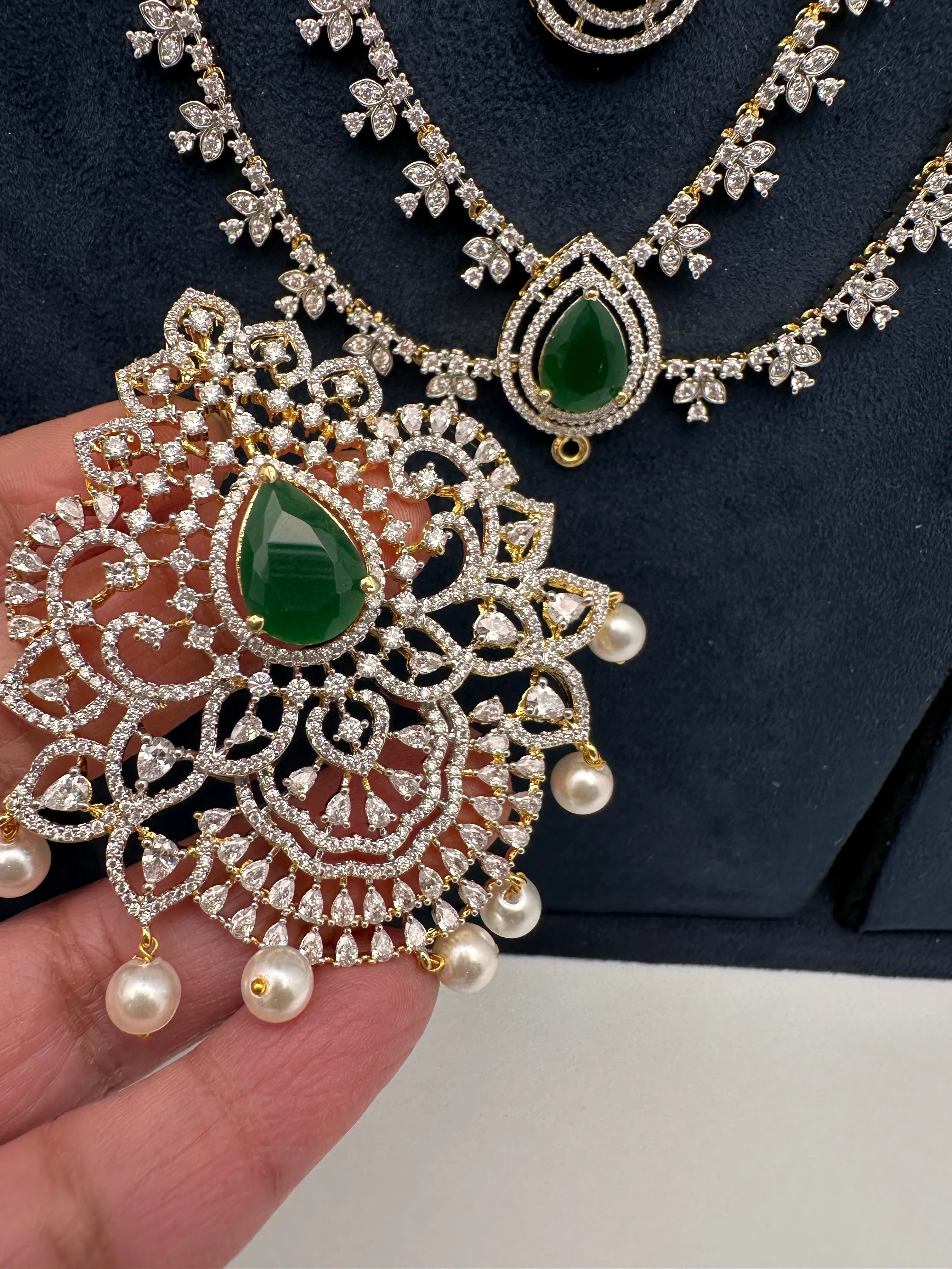 AD Multi Layer Detachable Pendent Color Stone Long Necklace