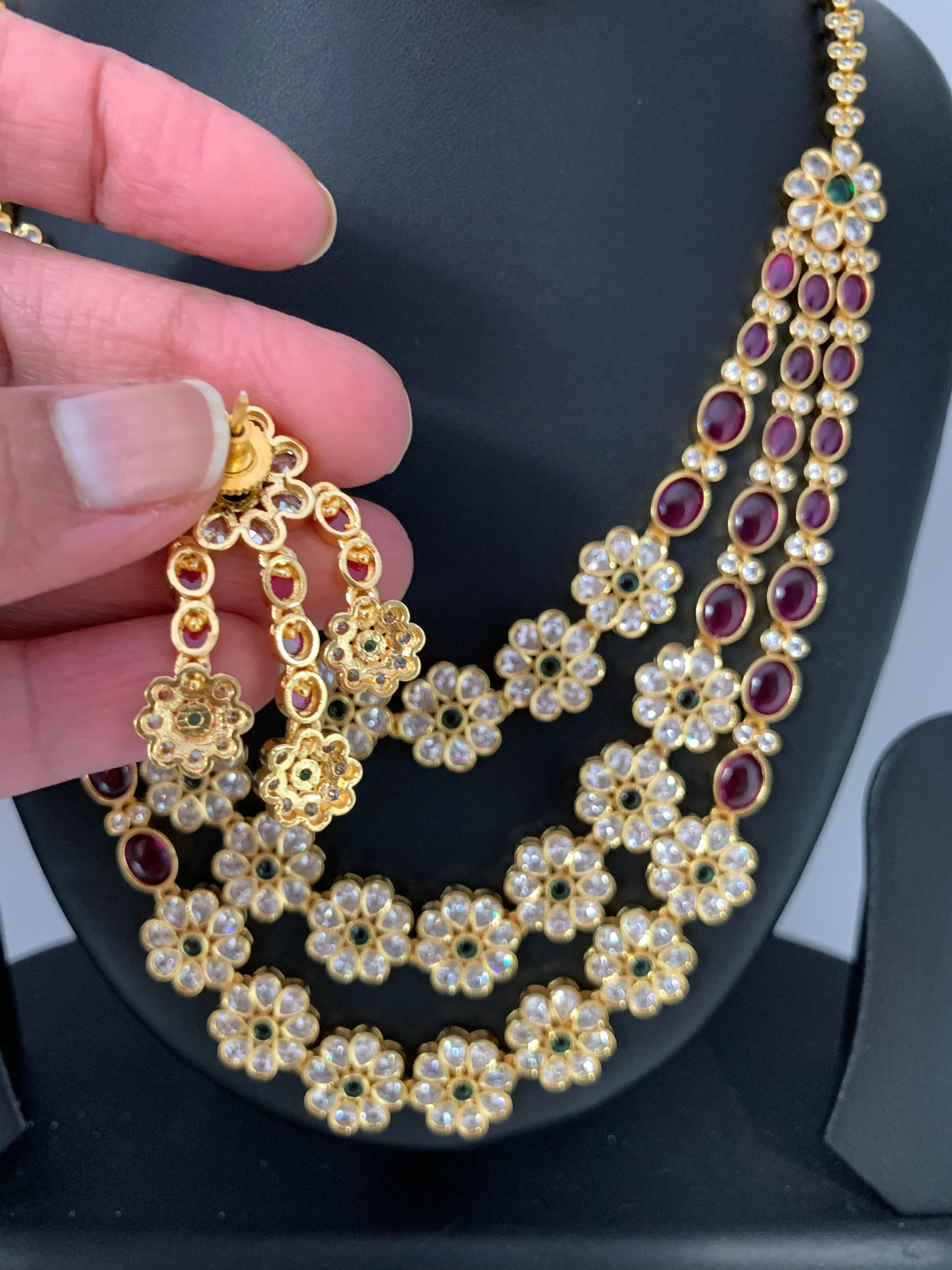AD Multi Stone Floral Triple Layer Short Necklace