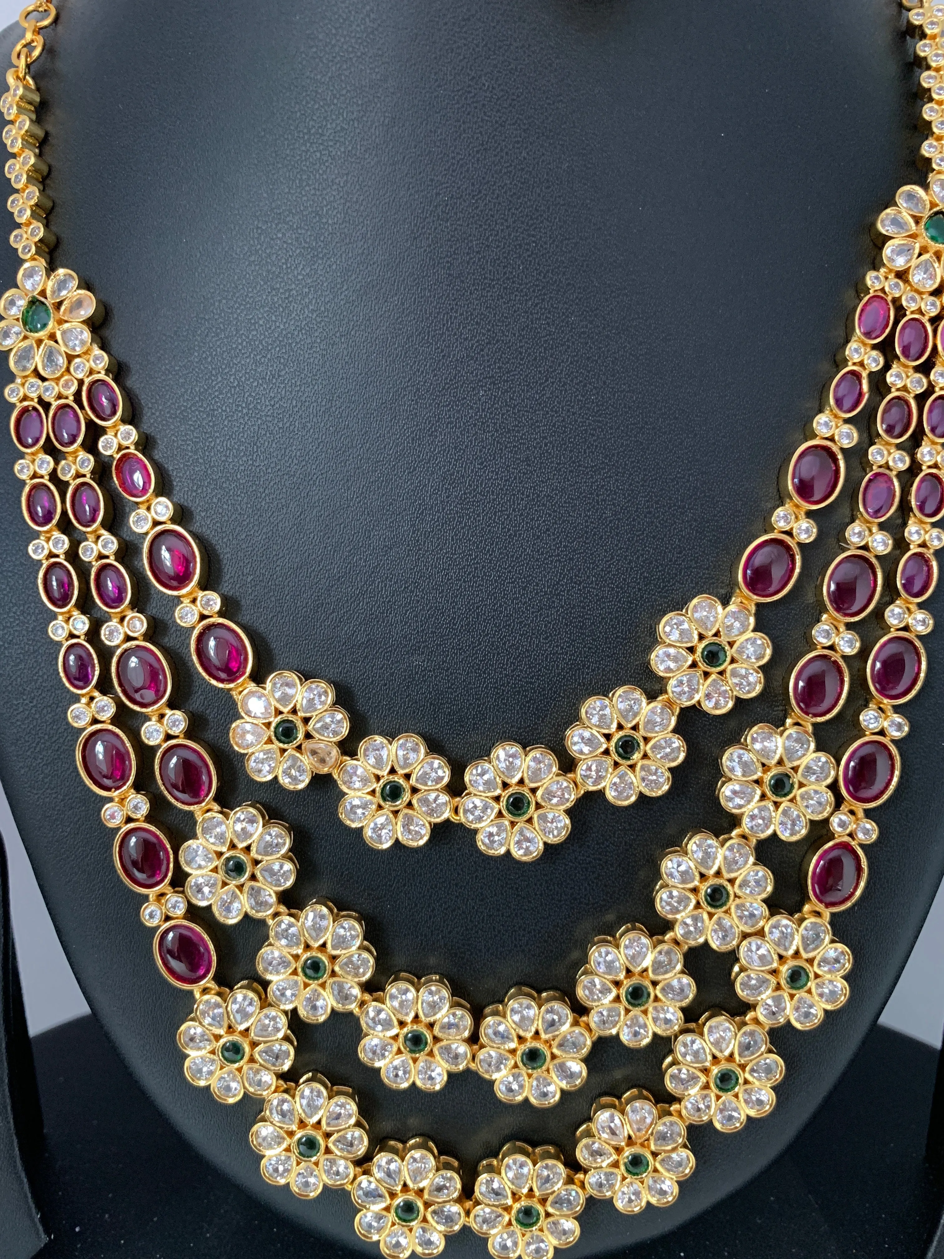 AD Multi Stone Floral Triple Layer Short Necklace