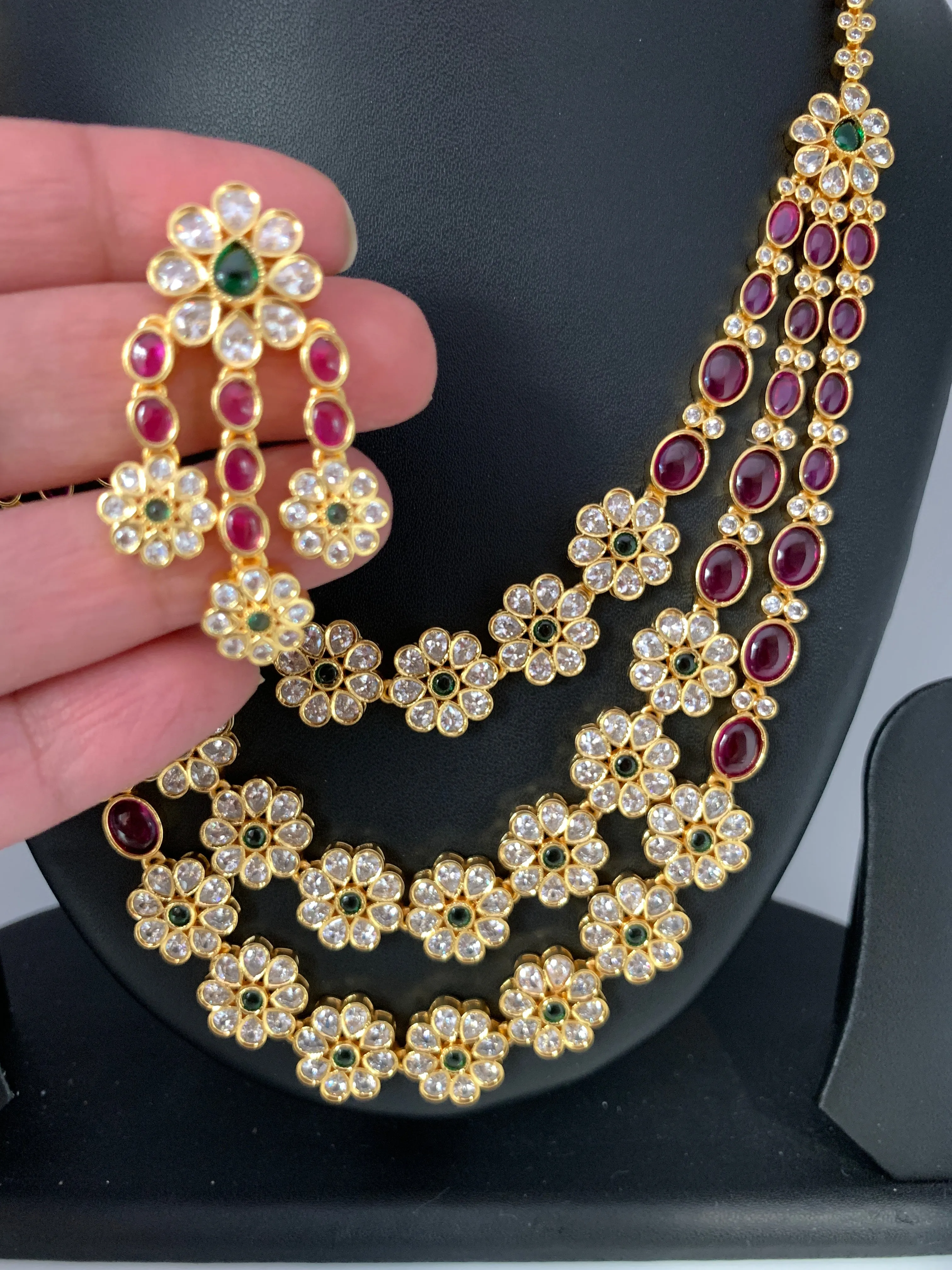 AD Multi Stone Floral Triple Layer Short Necklace