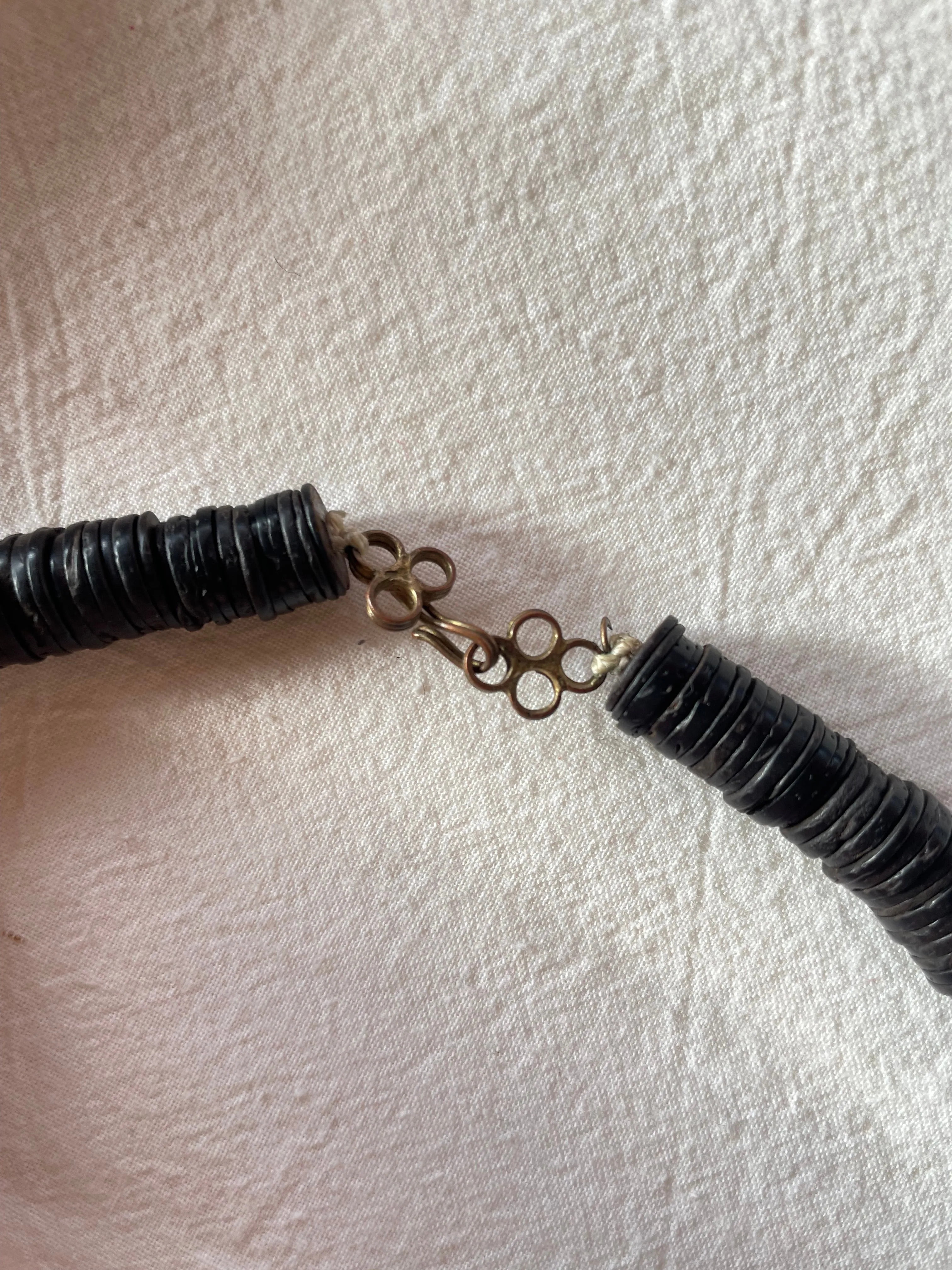 African Necklace with Four Amber Beads and Bronze Centerpiece