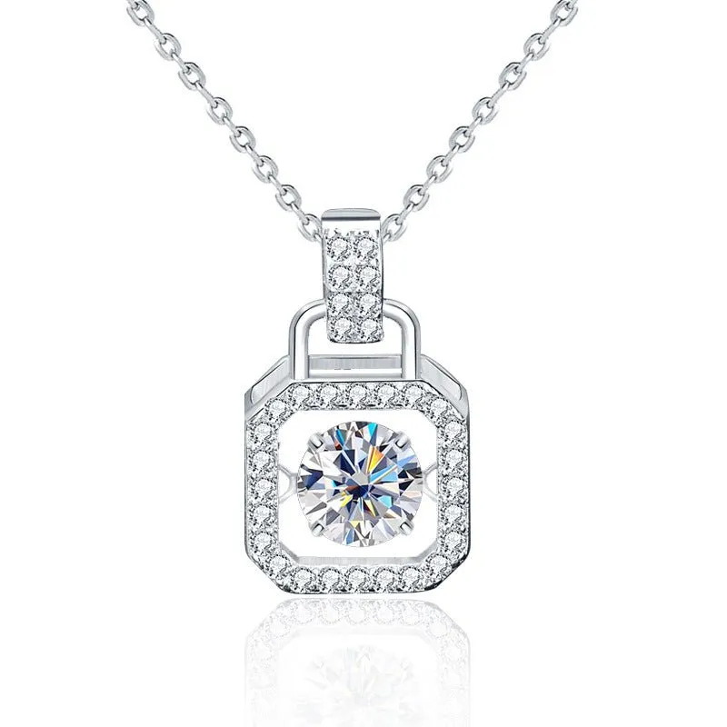 Casual Round Dancing Moissanite CZ Lock 925 Sterling Silver Necklace