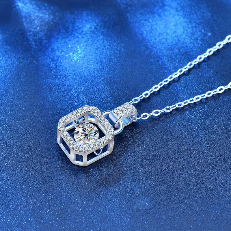 Casual Round Dancing Moissanite CZ Lock 925 Sterling Silver Necklace