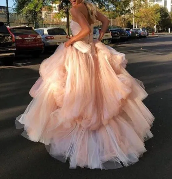 Charming A Line Strapless Pink Long Prom Dress with Ruffles