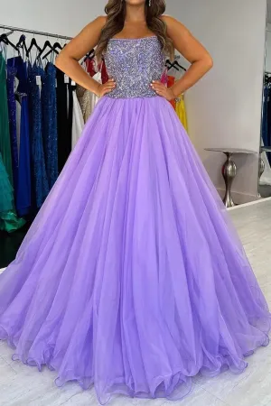Charming A Line Strapless Tulle Long Prom Dress with Beading