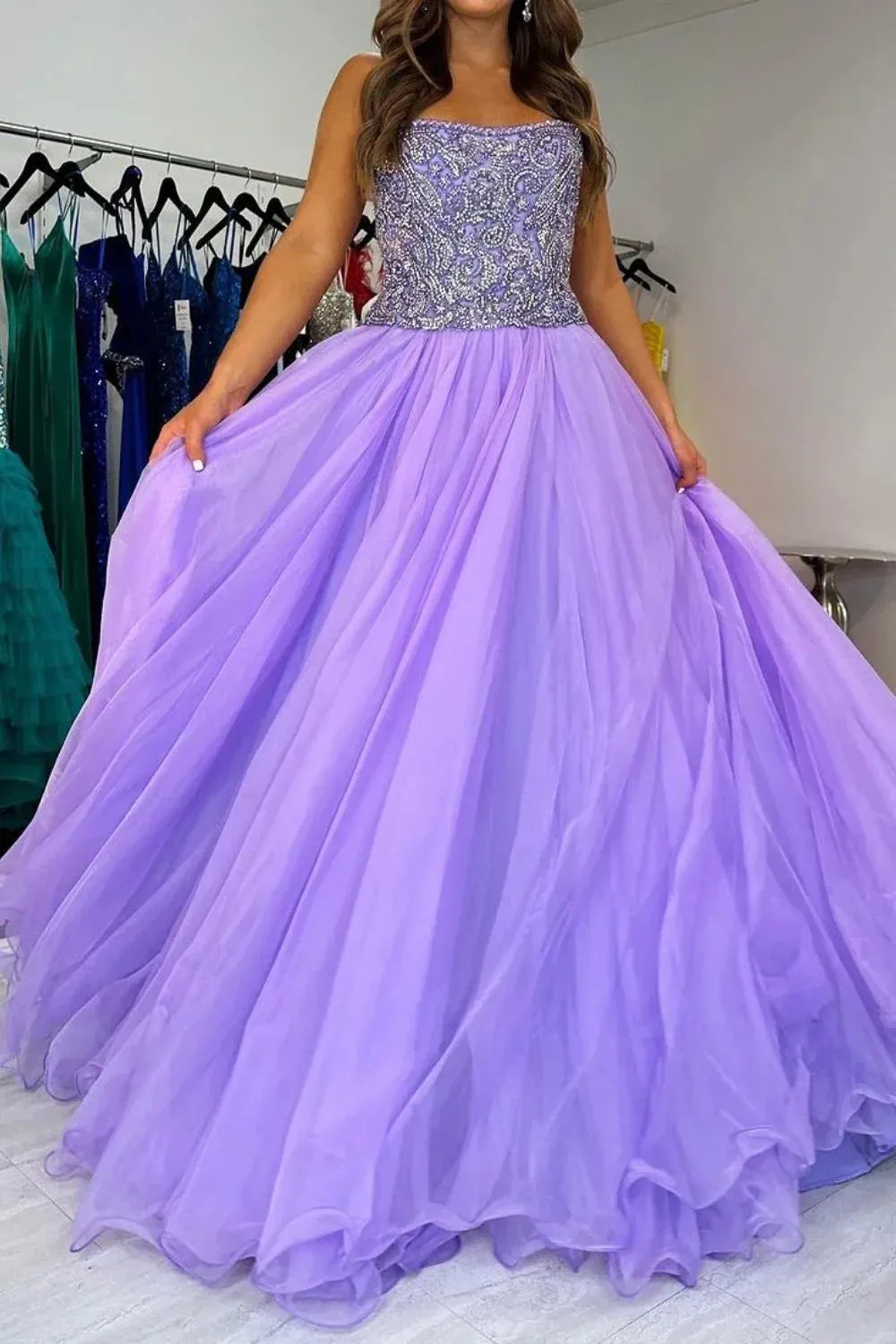 Charming A Line Strapless Tulle Long Prom Dress with Beading