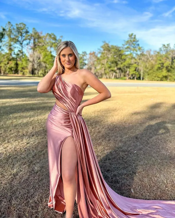 Charming Mermaid One Shoulder Satin Prom Dresses with Slit Sexy Evening Dress Party Dress