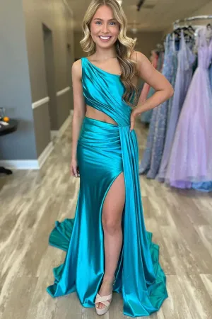 Charming Mermaid One Shoulder Satin Prom Dresses with Slit Sexy Evening Dress Party Dress