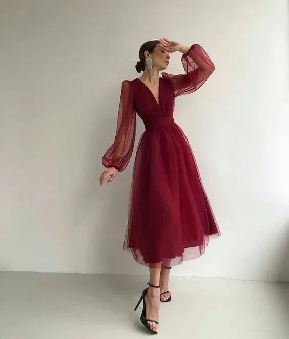 Charming Puffy Long Sleeve Burgundy Tea Length Prom Dress/Evening Gown Cocktail Dress