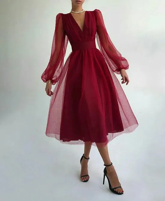 Charming Puffy Long Sleeve Burgundy Tea Length Prom Dress/Evening Gown Cocktail Dress