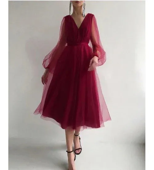Charming Puffy Long Sleeve Burgundy Tea Length Prom Dress/Evening Gown Cocktail Dress