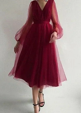 Charming Puffy Long Sleeve Burgundy Tea Length Prom Dress/Evening Gown Cocktail Dress