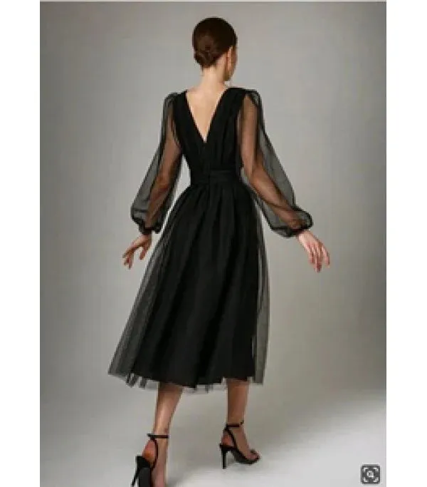 Charming Puffy Long Sleeve Burgundy Tea Length Prom Dress/Evening Gown Cocktail Dress