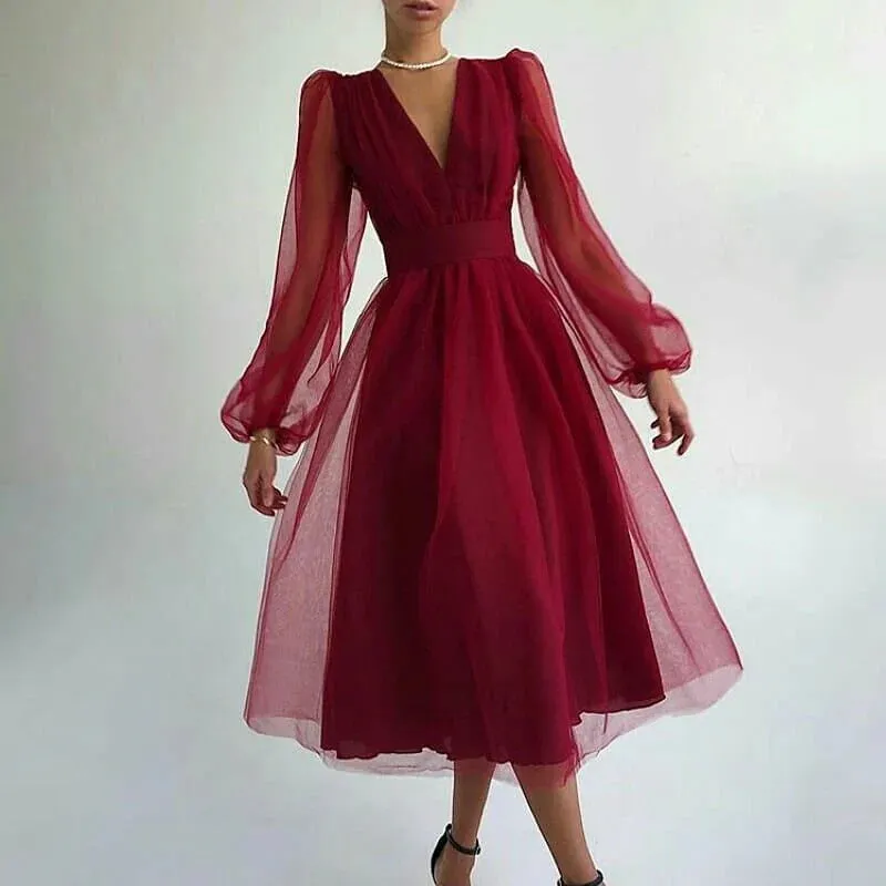 Charming Puffy Long Sleeve Burgundy Tea Length Prom Dress/Evening Gown Cocktail Dress