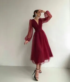 Charming Puffy Long Sleeve Burgundy Tea Length Prom Dress/Evening Gown Cocktail Dress