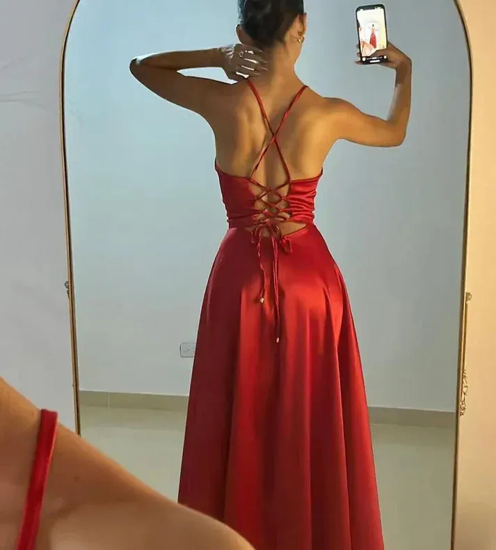 Charming Red A-Line Satin Long Party Dress with Slit Sexy Evening Dress