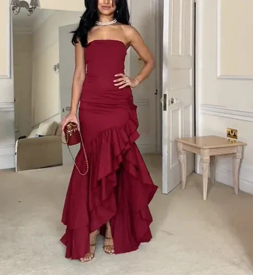 Charming Red Strapless Cascading Ruffle Long Prom Dress Off Shoulder Evening Dress Wholesale