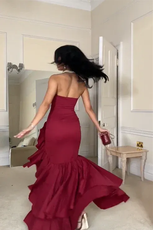 Charming Red Strapless Cascading Ruffle Long Prom Dress Off Shoulder Evening Dress Wholesale