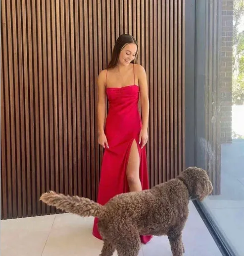 Charming Red Straps Satin Long Evening Party Dress with Split Simple Formal Dress
