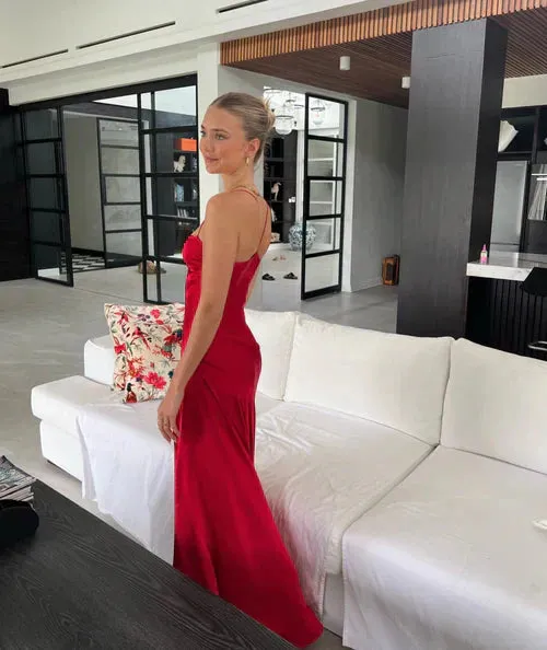 Charming Red Straps Satin Long Evening Party Dress with Split Simple Formal Dress
