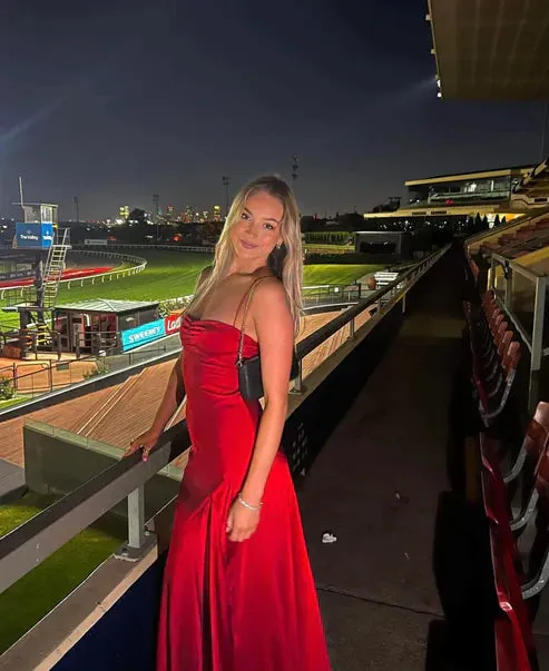 Charming Red Straps Satin Long Evening Party Dress with Split Simple Formal Dress