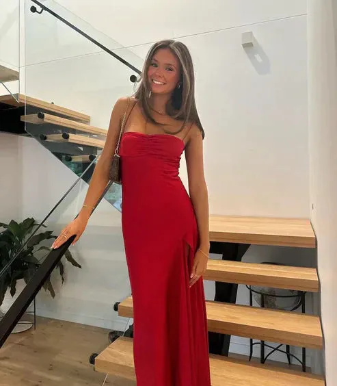 Charming Red Straps Satin Long Evening Party Dress with Split Simple Formal Dress