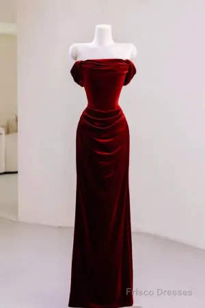 Charming Wine Red Mermaid Off Shoulder Velvet Formal Dress, Wine Red Long Prom Dress