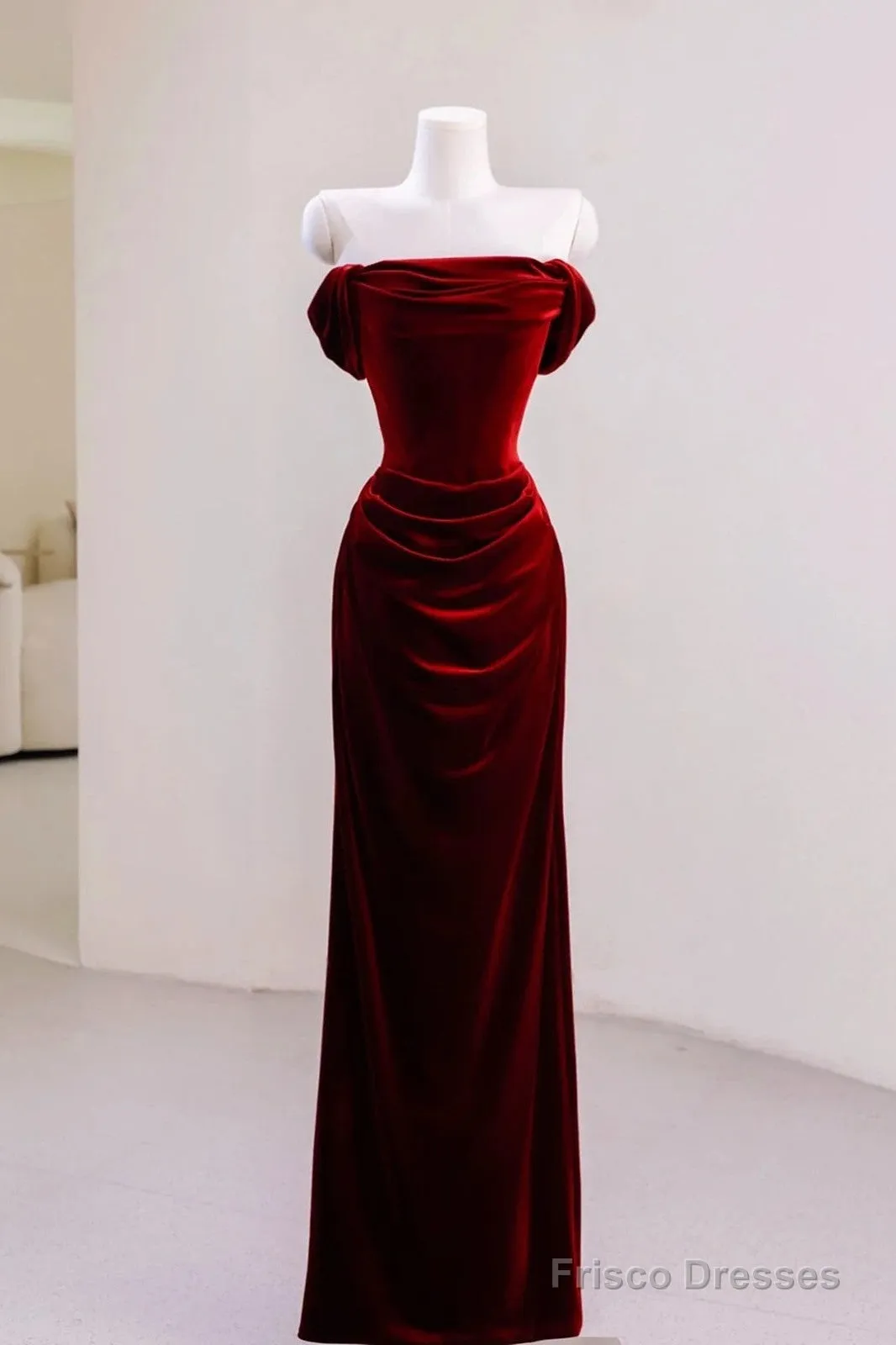 Charming Wine Red Mermaid Off Shoulder Velvet Formal Dress, Wine Red Long Prom Dress