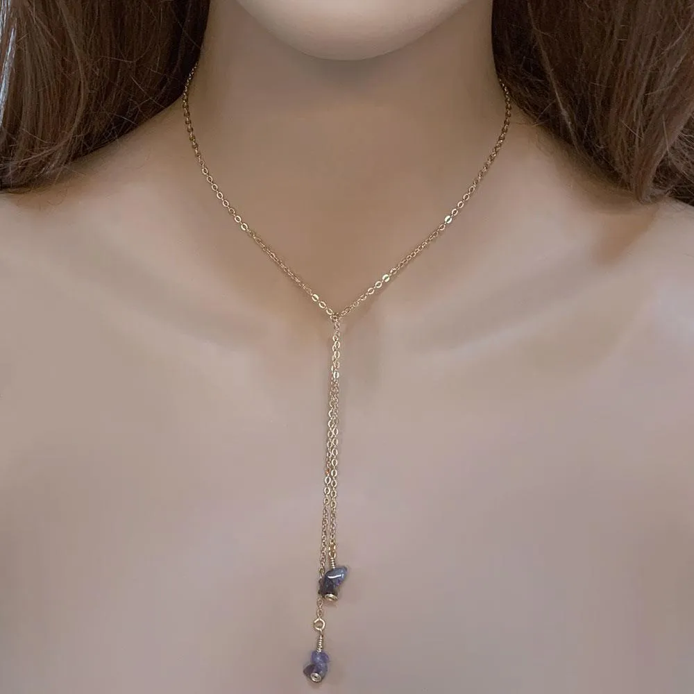 Dainty Gold Amethyst Lariat Necklace