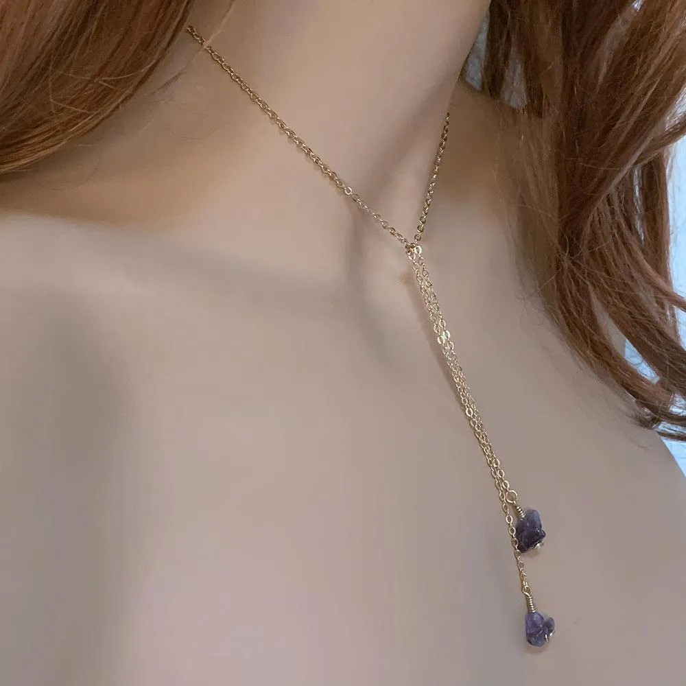 Dainty Gold Amethyst Lariat Necklace