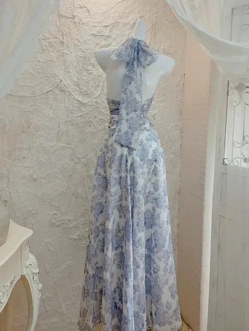 Elegant A Line Halter Floral Chiffon Long Evening Dress Outfits Charming Formal Dress Party Dress